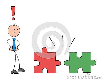 Stickman businessman looks at mismatched puzzle pieces and is confused, hand drawn outline cartoon vector illustration Vector Illustration