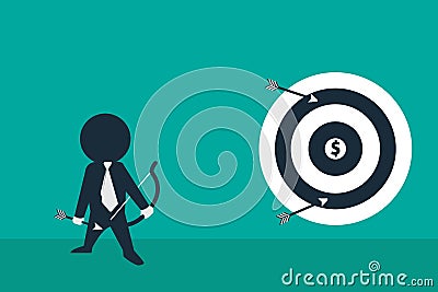 Stickman look like a businessman holding arrow and looking towards target. Vector Illustration