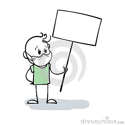 Stickman with medical mask holding a sign for the inscription. Cute stick figure person with a empty poster for your text. Cartoon Vector Illustration