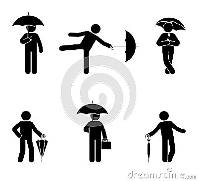 Stickman with umbrella icon set. Black silhouette of male with rain resistant accessory on white. Vector Illustration
