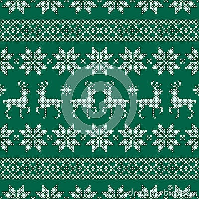 Seamless Pattern Christmas Norwegian Style Embroidery Green And White Vector Illustration