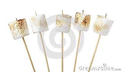 Sticks with roasted marshmallows on white background Stock Photo