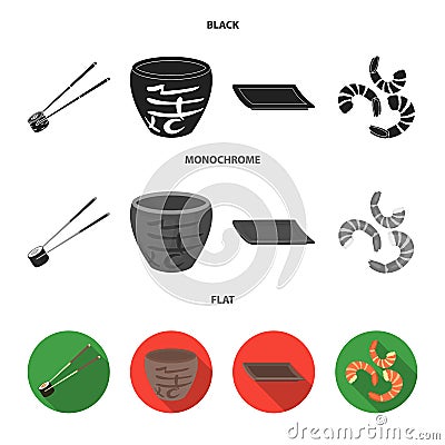 Sticks, shrimp, substrate, bowl.Sushi set collection icons in black, flat, monochrome style vector symbol stock Vector Illustration