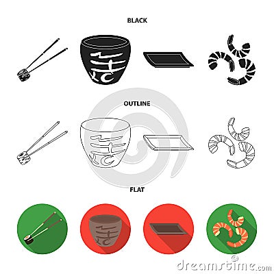 Sticks, shrimp, substrate, bowl.Sushi set collection icons in black,flat,outline style vector symbol stock illustration Vector Illustration