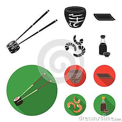 Sticks, shrimp, substrate, bowl.Sushi set collection icons in black,flat style vector symbol stock illustration web. Vector Illustration