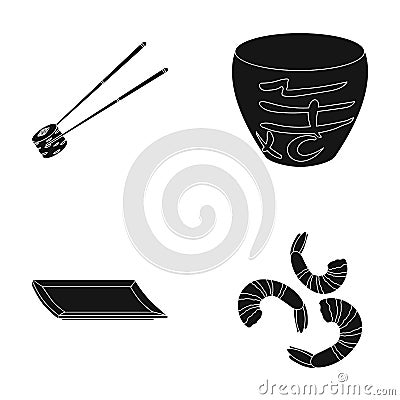 Sticks, shrimp, substrate, bowl.Sushi set collection icons in black style vector symbol stock illustration web. Vector Illustration