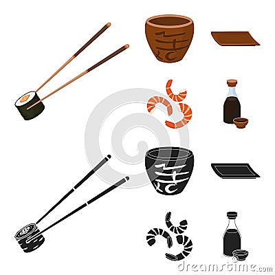 Sticks, shrimp, substrate, bowl.Sushi set collection icons in cartoon,black style vector symbol stock illustration web. Vector Illustration