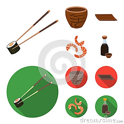 Sticks, shrimp, substrate, bowl.Sushi set collection icons in cartoon,flat style vector symbol stock illustration web. Vector Illustration