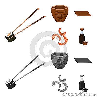 Sticks, shrimp, substrate, bowl.Sushi set collection icons in cartoon,monochrome style vector symbol stock illustration Vector Illustration