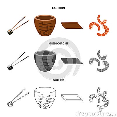 Sticks, shrimp, substrate, bowl.Sushi set collection icons in cartoon,outline,monochrome style vector symbol stock Vector Illustration