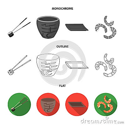 Sticks, shrimp, substrate, bowl.Sushi set collection icons in flat,outline,monochrome style vector symbol stock Vector Illustration