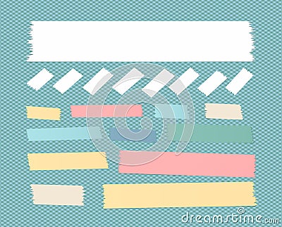 Sticky adhesive paper strips, masking tape, stuck on blue squared background Vector Illustration