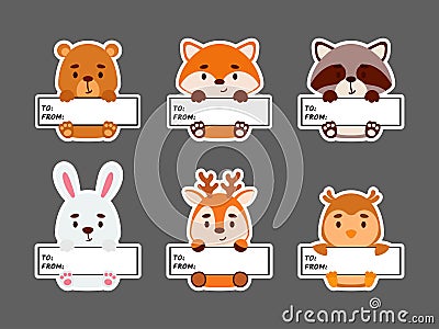 Sticky labels set of bear, fox, hare, raccoon, deer, owl. Cute cartoon animal tags for notepad, memo pad, flag marker for office Vector Illustration