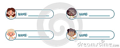 Sticky labels set for children name. Cute kid boy and girl name tags for school. Cute cartoon kids shaped notepads, flag Vector Illustration