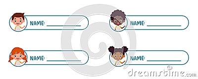 Sticky labels set for children name. Cute kid boy and girl name tags for school. Cute cartoon kids shaped notepads, flag Vector Illustration