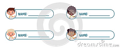 Sticky labels set for children name. Cute kid boy name tags for school. Cute cartoon kids shaped notepads, memo pad Vector Illustration