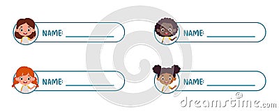Sticky labels set for children name. Cute kid girl name tags for school. Cute cartoon kids shaped notepads, memo pad Vector Illustration