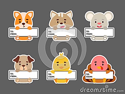 Sticky labels set of dog, cat, mouse, chicken, turkey. Cute cartoon animal tags for notepad, memo pad, flag marker for office Vector Illustration