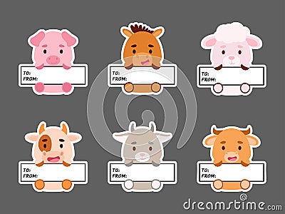 Sticky labels set of horse, pig, cow, sheep, bull, goat. Cute cartoon animal tags for notepad, memo pad, flag marker for office Vector Illustration