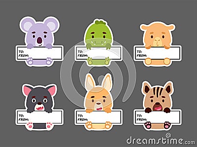 Sticky labels set of koala, kangaroo, crocodile, hyena, Tasmanian devil, camel. Cute animal tags for notepad, memo pad, flag Vector Illustration