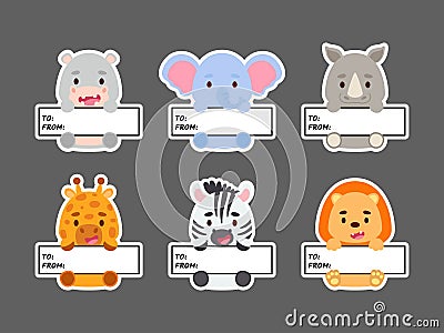 Sticky labels set of lion, hippo, elephant, rhino, giraffe, zebra. Cute cartoon animal tags for notepad, memo pad, flag marker for Vector Illustration