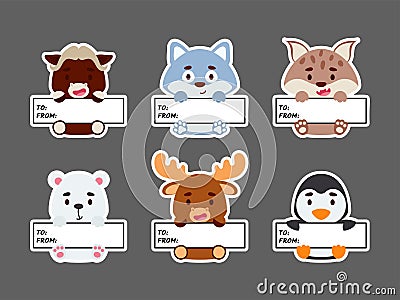 Sticky labels set of musk ox, lynx, moose, polar bear, wolf, penguin. Cute cartoon animal tags for notepad, memo pad, flag marker Vector Illustration