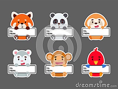 Sticky labels set of panda, sloth, red panda, opossum, monkey, parrot. Cute cartoon animal tags for notepad, memo pad, flag marker Vector Illustration