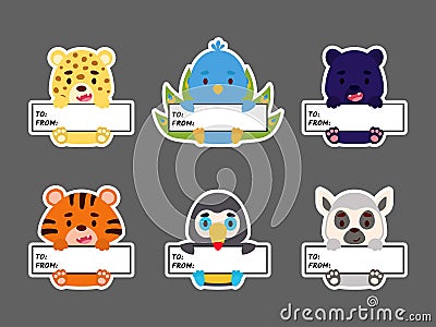 Sticky labels set of panther, cheetah, tiger, peacock, lemur, toucan. Cute cartoon animal tags for notepad, memo pad, flag marker Vector Illustration