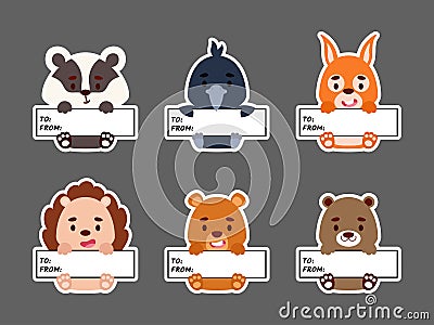 Sticky labels set of squirrel, badger, hedgehog, otter, beaver, raven. Cute cartoon animal tags for notepad, memo pad, flag marker Vector Illustration