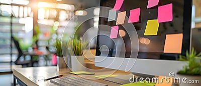 Sticky note on computer monitor reminding employees to return to the office after working from Stock Photo