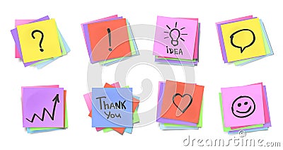 Sticky note messages. Stacked colorful adhesive notes, reminder pads with question mark, exclamation point, light bulb Vector Illustration