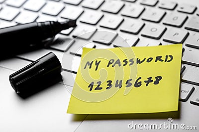 Sticky note with weak easy password on laptop keyboard Stock Photo