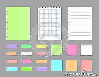 Sticky notebook paper. Adhesive stickers and blank colored sheets with grid squares and lines. Vector empty ripped pages Vector Illustration