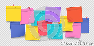 Sticky notes. Colored stickers with pins, realistic notebook sheets and memo isolated on transparent background. Vector Vector Illustration