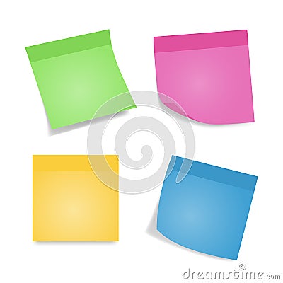Sticky notes. Four colorful sheets of note papers isolated on white background. Different color and shadow Vector Illustration