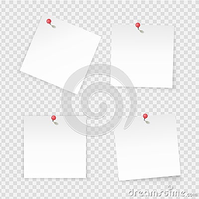 Sticky notes. Paper stick notes isolated on transparent background. Empty notebook page pinned red pushbutton. Vector Vector Illustration