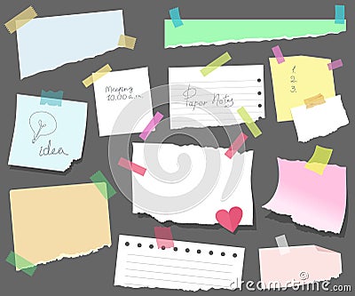 Sticky notes on paper, torn sheets with meeting reminders, a memorable date, or notes. Blank vector Velcro blanks, office notices Vector Illustration