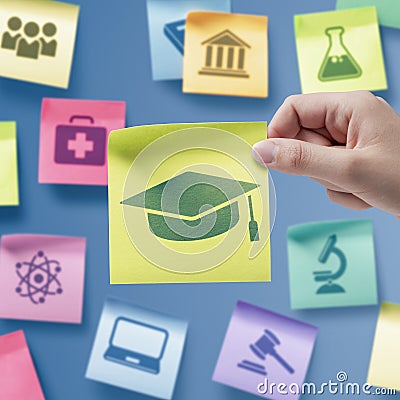 Sticky notes with school subjects icons Stock Photo