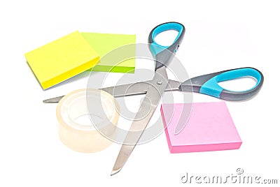 Sticky notes, scotch tape and scissors Stock Photo