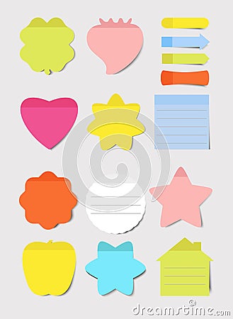 Sticky notes. Vector illustrations set. Notepad blank paper sheet for planning and scheduling. Round, heart, square Vector Illustration
