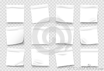 Sticky notes. White notepad sheets with crumpled edges, memos and reminders isolated on transparent background. Vector Vector Illustration