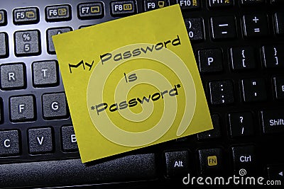 Sticky Note With Weak password. Internet banking, data privacy and cyber security concepts. Stock Photo