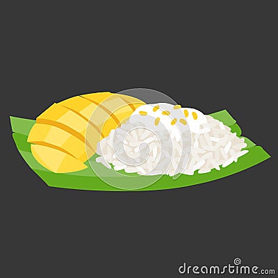 Sticky rice with mango on banana leaf, thai dessert, flat design Vector Illustration
