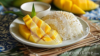 Sticky rice and mango harmony of textures. Glowing yellow mango slices atop sweet, glutinous rice Stock Photo