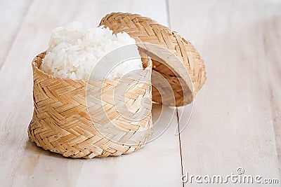 Sticky rice, Thai sticky rice in a bamboo wooden old style box Stock Photo