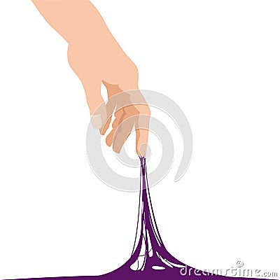 Sticky slime reaching stuck for hand, violet banner template. Popular children s sensory toy vector illustration Vector Illustration