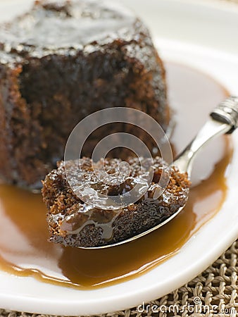 Sticky Toffee Pudding with Toffee Sauce Stock Photo