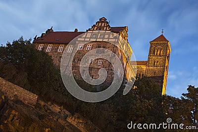 The Stiftskirche church in Quedlinburg, Germany, at night Stock Photo