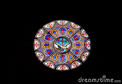 Stigmata of Jesus and Saint Francis, symbol of the Franciscans, stained glass window in the Basilica di Santa Croce in Florence Editorial Stock Photo