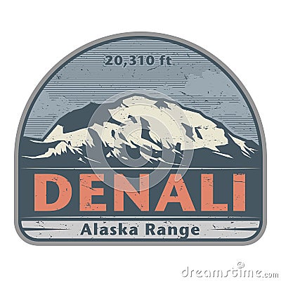 Stiker or label with Denali also known as Mount McKinley mountain peak Vector Illustration